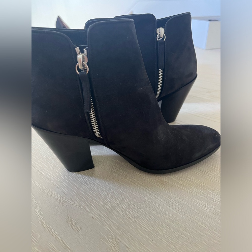 Never worn Barney’s black suede  ankle heel boots with wooden heel and zipper